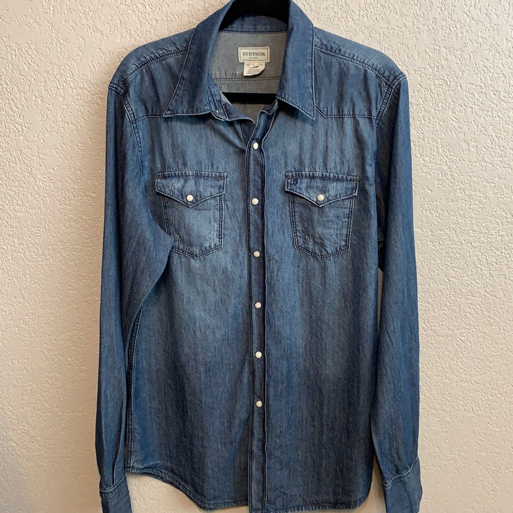 Stetson denim long sleeve button up shirt size large